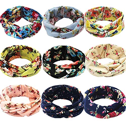 GBATERI 9 Pack Twisted Women Headbands Boho Floal Criss Cross Head Wrap Elastic Turban Boho Knotted Hair Band Headwraps Cute Hair Accessories for Women Girls Sports