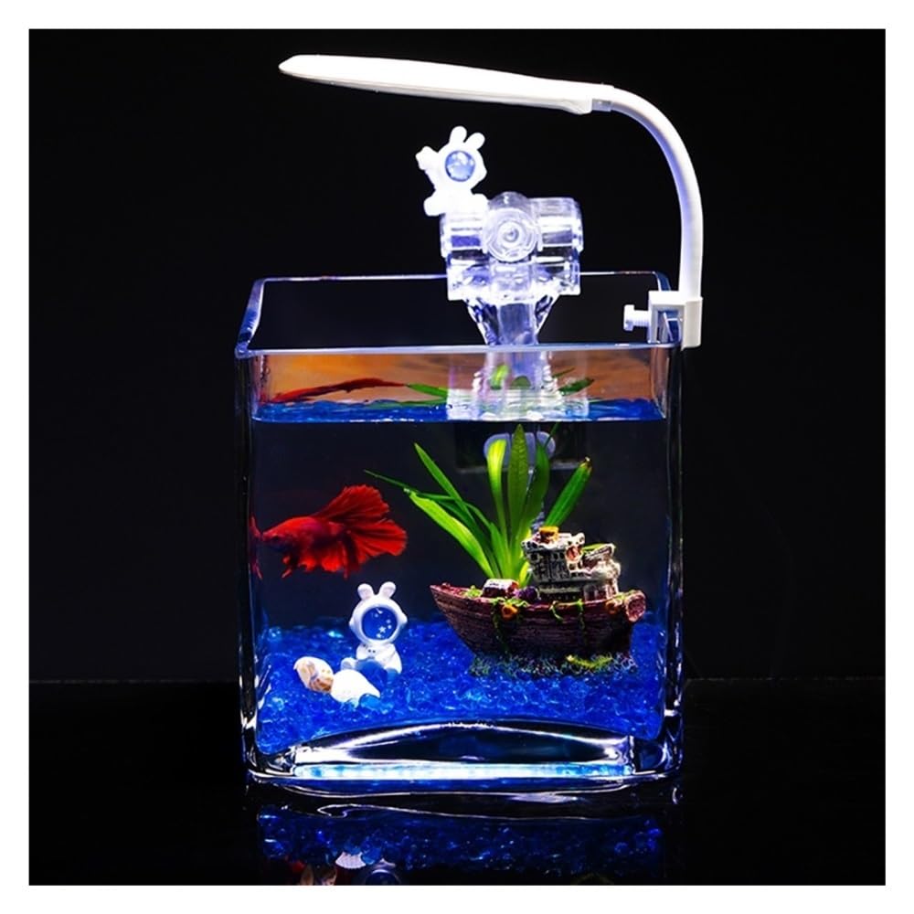 Aquarium Quadratisches Mini-Aquarium aus dickwandigem Glas for Wohnzimmer und Schreibtisch mit Sockel in Holzoptik