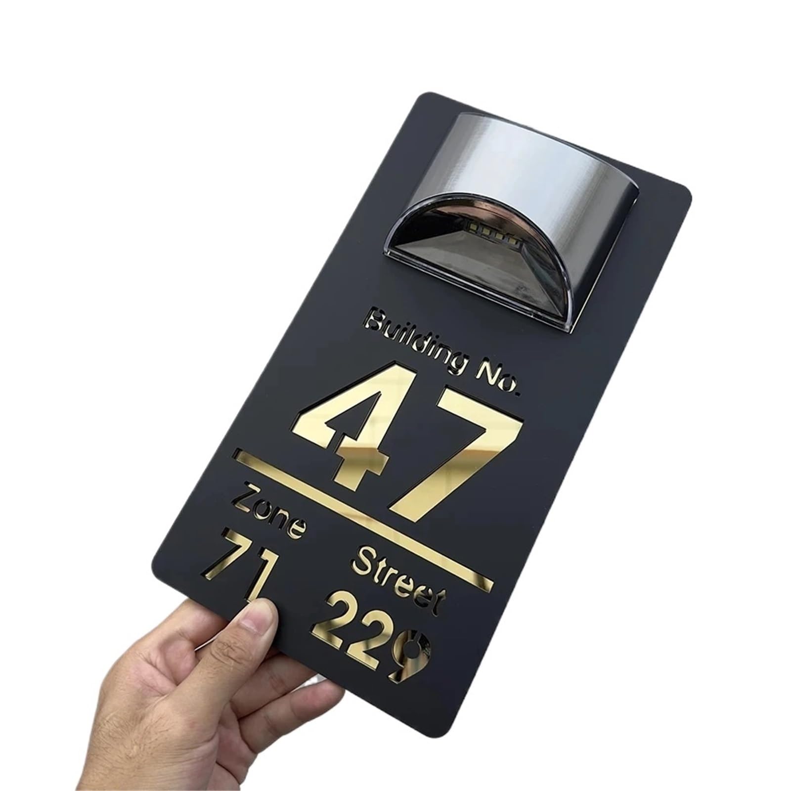 Targa con numero civico e numero civico a LED ad energia solare, in acrilico, personalizzabile con nome, decorazione per porte esterne e pareti (grigio oro rosa, 33 x 20 cm, carattere 1)