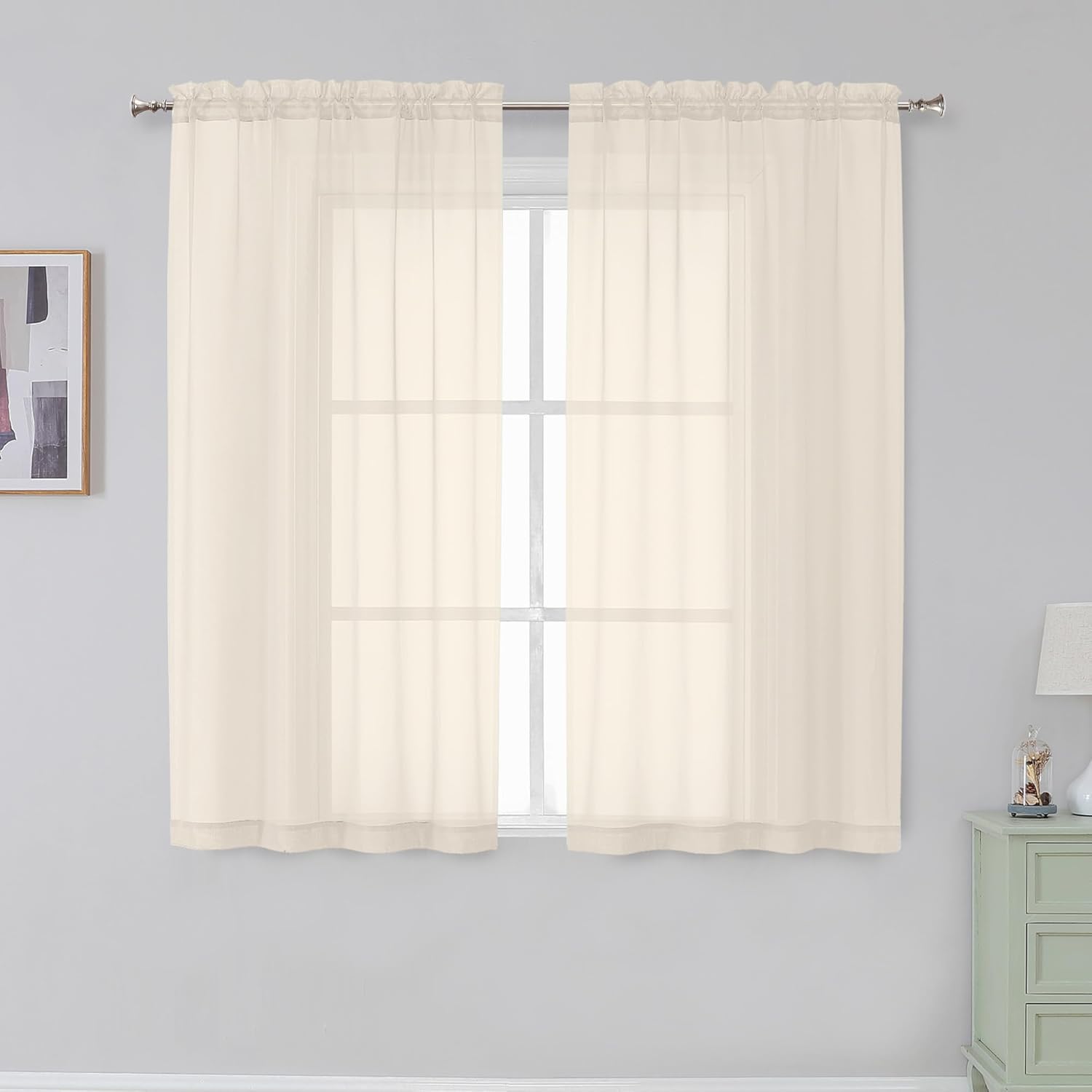 Aiyufeng Cream Sheer Curtains 54 Inch Length 2 Panels Set for Living Room, Light Filtering Green Window Sheers Drapes for Bedroom, Each 42" W x 54" L — image 1