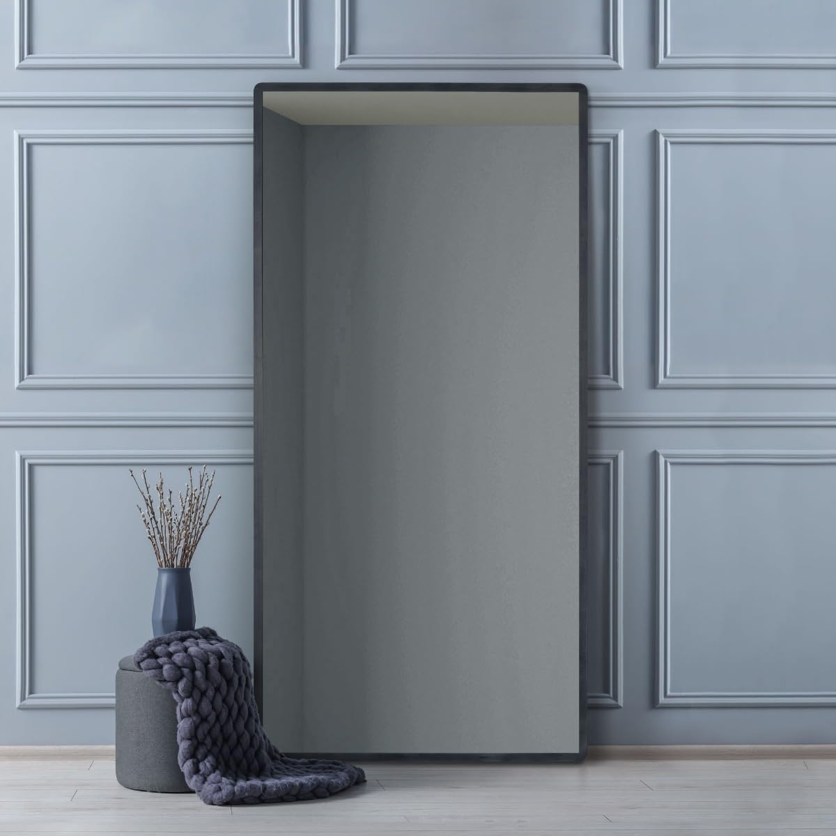 MirrorOutlet The Naturalis - Solid Black Oak Rounded Corners Modern Leaner Wall Mirror 71" X 35" (180CM X 90CM) 48m deep frame Premium Mirror Glass with Black Backing. Scandinavian Inspired!