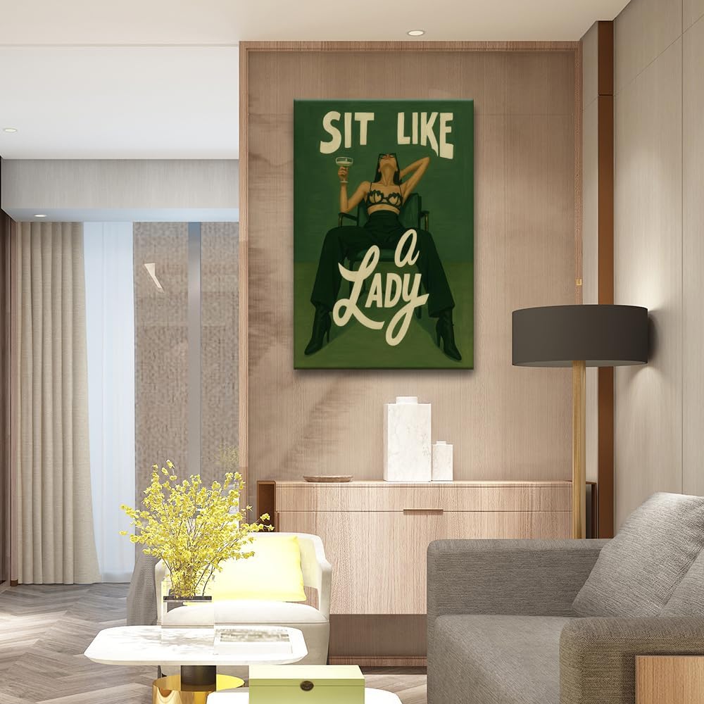 Bold Feminist Wall Art Sit Like A Lady Canvas Print Vintage Female Boho Poster Empowerment Inspirational Green Aesthetic Pictures Gender Equality Decor for women Living Room Office 16x24inch Unframed