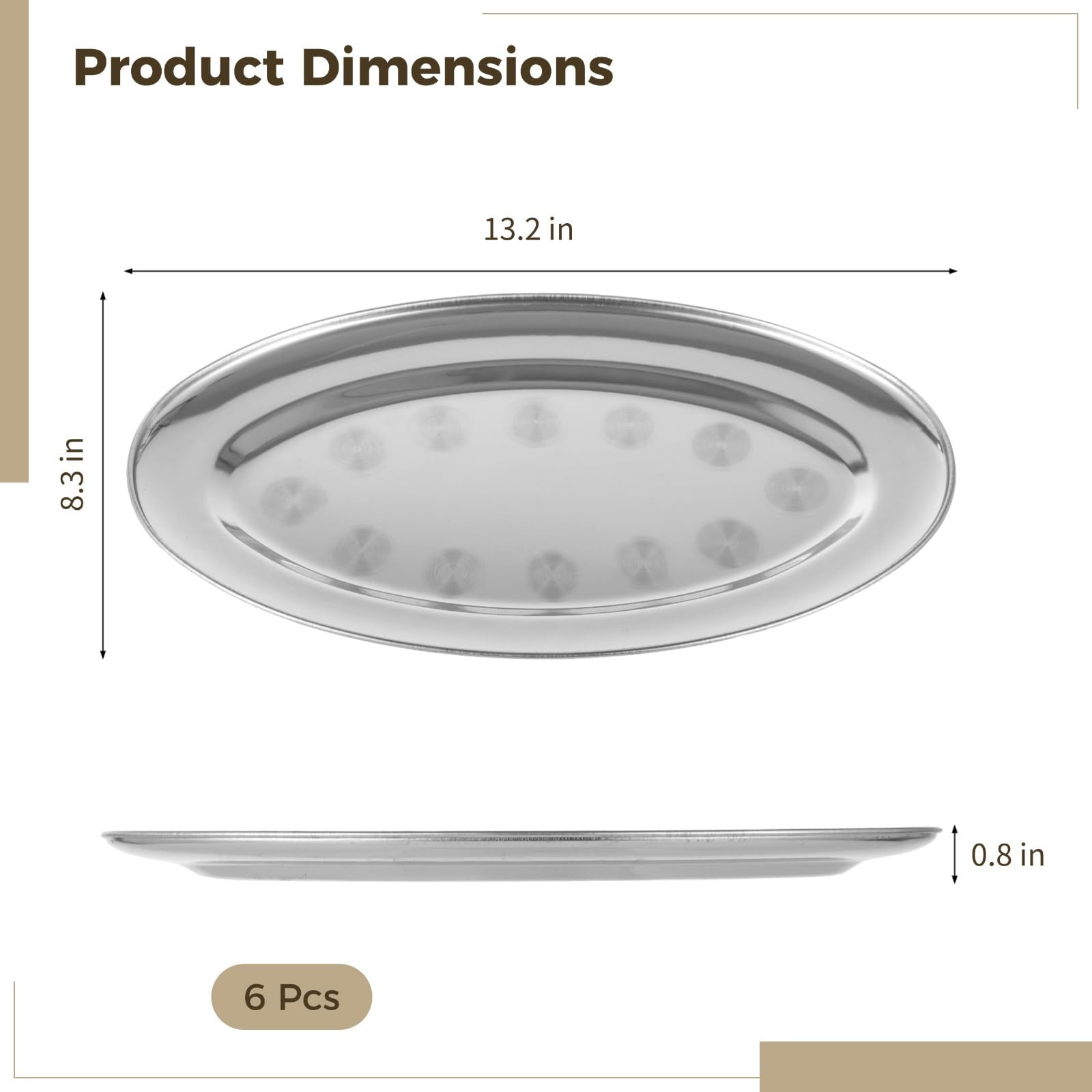 Juego de 6 platos ovalados de acero inoxidable, bandejas de metal irrompibles antioxidantes para servir platos largos de cocina Fish Ele, platos grandes de 13.2 pulgadas, platos de vapor de pescado