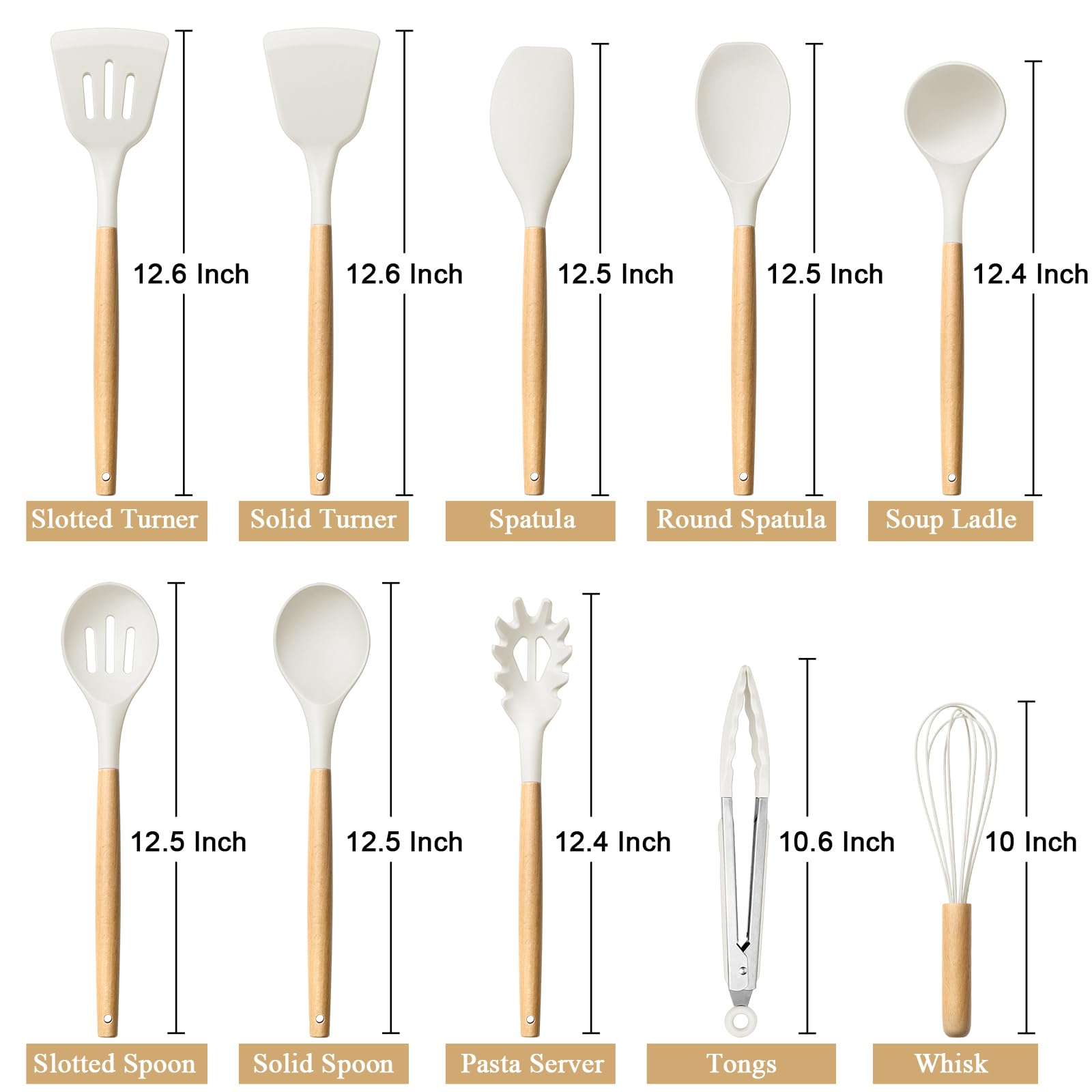 HaWare Silicone Cooking Utensils Set, 10-Piece Chef Kitchen Non-Stick Cookware with Wooden Handle, BPA-Free, 450°F Heat Resistant - White
