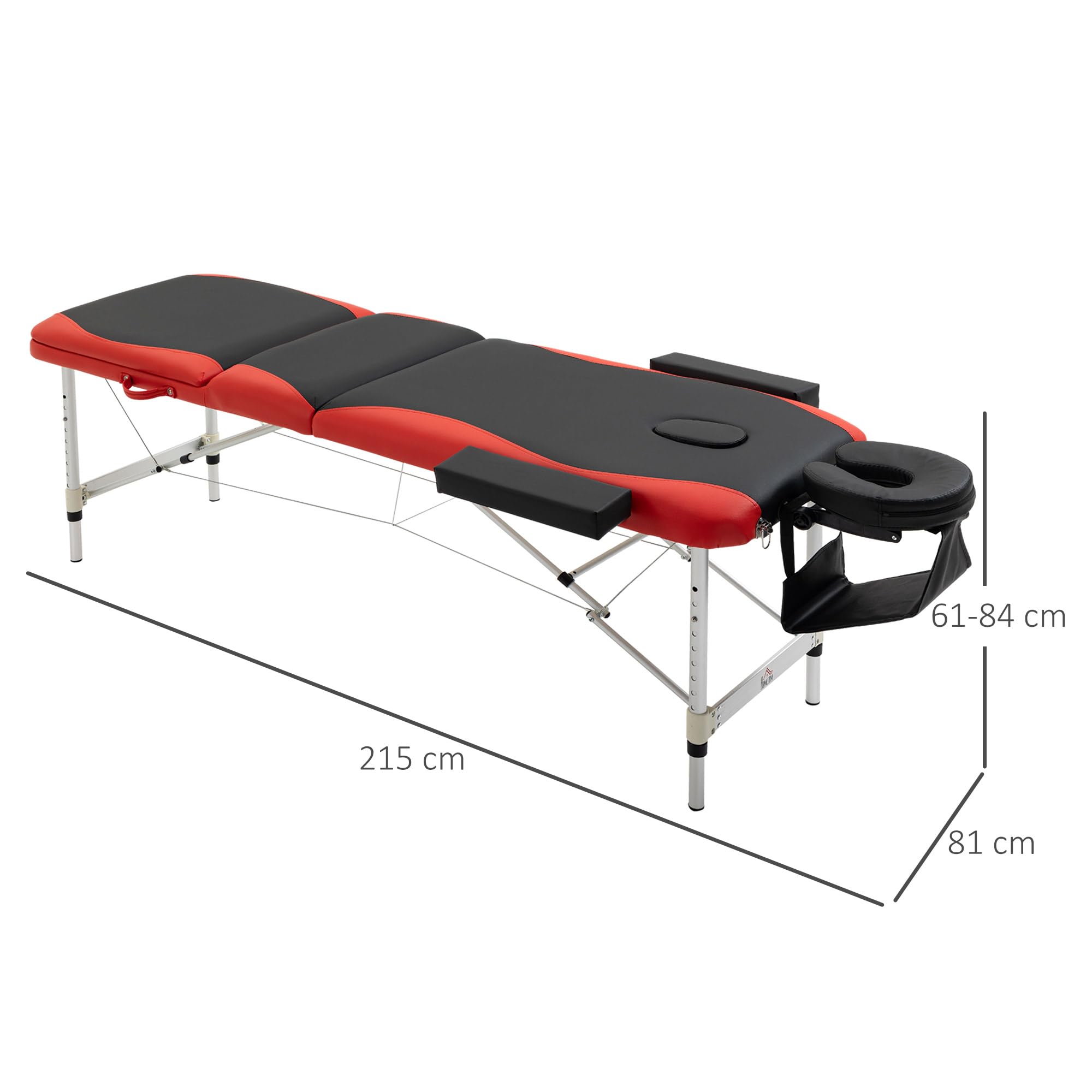 HOMCOM Camilla Masaje Plegable, Camilla Estética Profesional de Aluminio con Altura Ajustable, 3 Zonas, Reposacabezas, Reposabrazos, para Tatuaje, Fisioterapia, Negro y Rojo