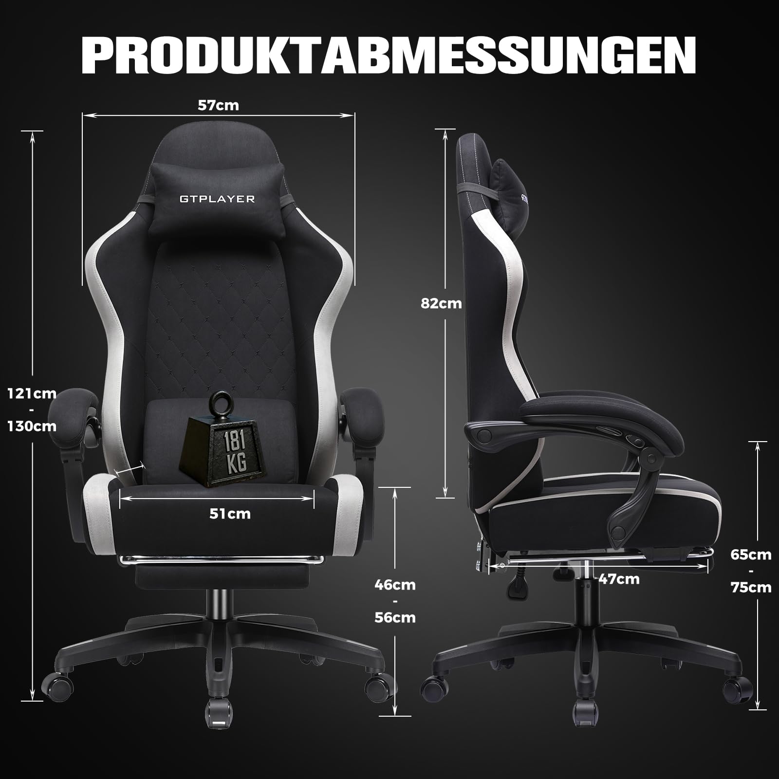 GTPLAYER Gaming Stuhl Ergonomischer, PC Stuhl Atmungsaktiver Stoff, Groß und Hoch Drehbarer Schreibtischstuhl mit Fußstütze,Verstellbare Lendenwirbelstütze und Kopfstütze,Schwarz