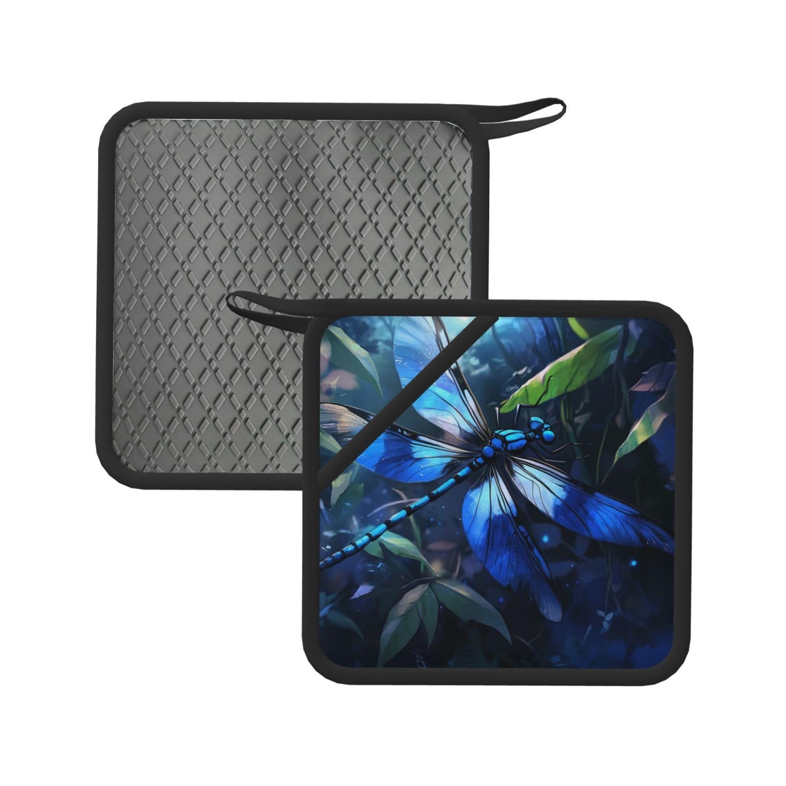 Pot Holders Set of 2 Kitchen Heat Resistant Potholders Art Blue Dragonfly Silicone Aunty-hot Pad Cotton Lining Oven Hot Pads for Cooking Baking BBQ Microwave Kitchen