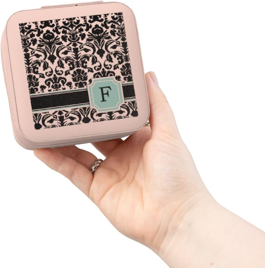 3dRose Letter F personal monogrammed mint blue black and white damask pattern - classy personalized initial Jewelry Travel Case Pink