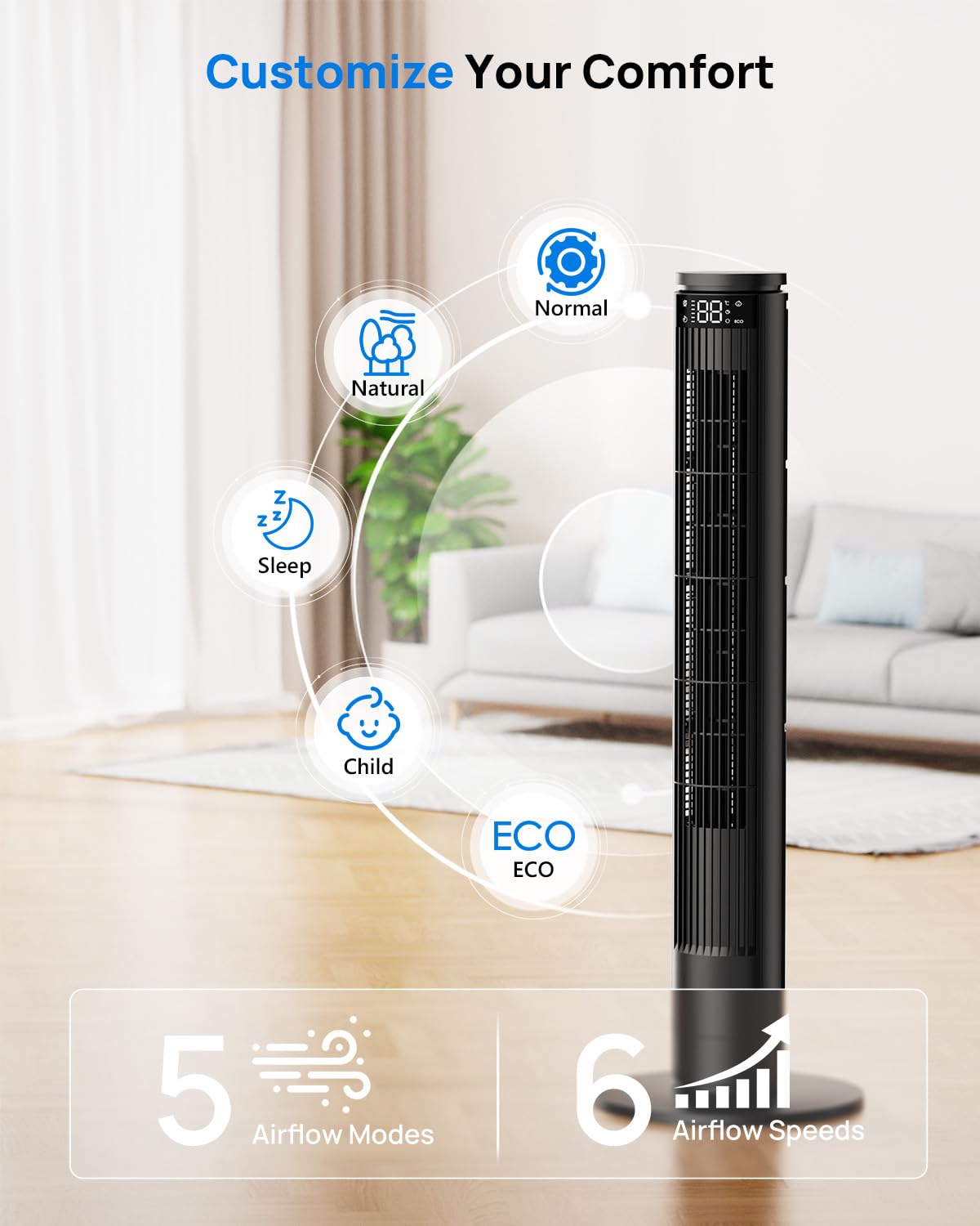 Ventilateur Colonne Silencieux, Ventilateur Tour avec Télécommande & Écran LED, 5 Modes Intelligents & 6 Vitesses, Oscillation 70°, Minuterie 12H, Mode ÉCO Économe – Idéal pour Salon, Chambre, Bureau