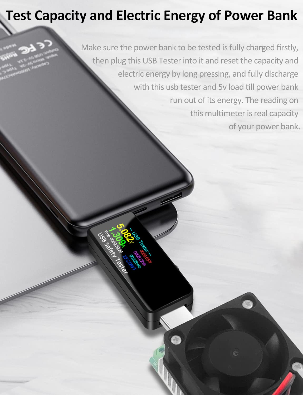 YOJOCK USB Tester connected to a power bank and an external load (fan) to test capacity and electric energy.