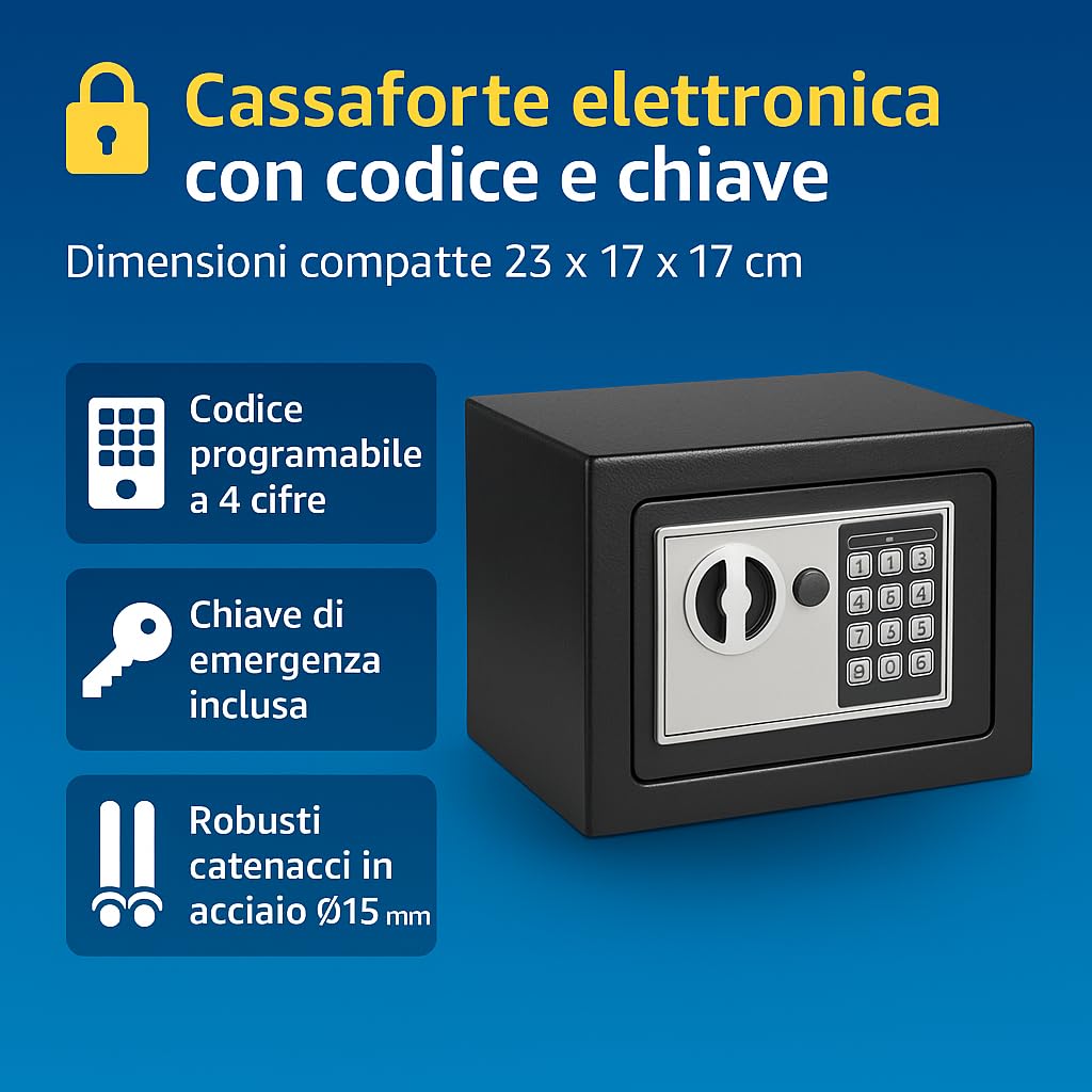 Utilia Security Cassaforte Elettronica 23×17×17 cm, combinatore digitale con chiave, 2 catenacci Ø15 mm, acciaio verniciato, fissaggio a muro/armadio, avviso batteria.