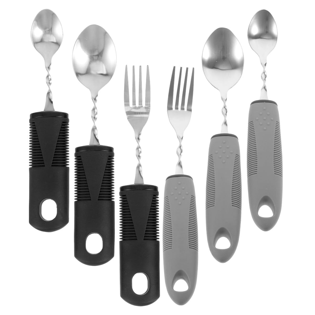 SHOWERORO Juego de Cubiertos Adaptativos Antivibración de Acero Inoxidable Mango de Goma Antideslizante Plegables 6 Piezas Set Grande Negro y Pequeño Gris Utensilios Portátiles para