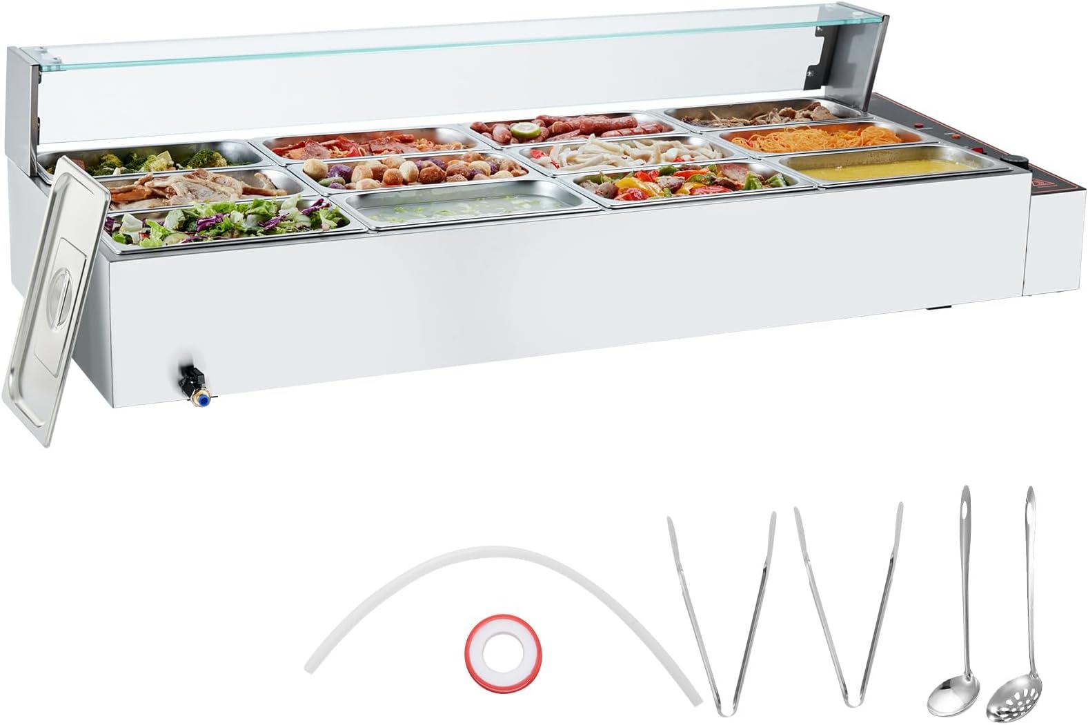 VEVOR12-Pan Commercial Food Warmer, 12 x 8QT Electric Steam Table with Glass Cover, 1700W Countertop Stainless Steel Buffet Bain Marie 86-185°F Temp Control for Catering, Restaurants, Silver