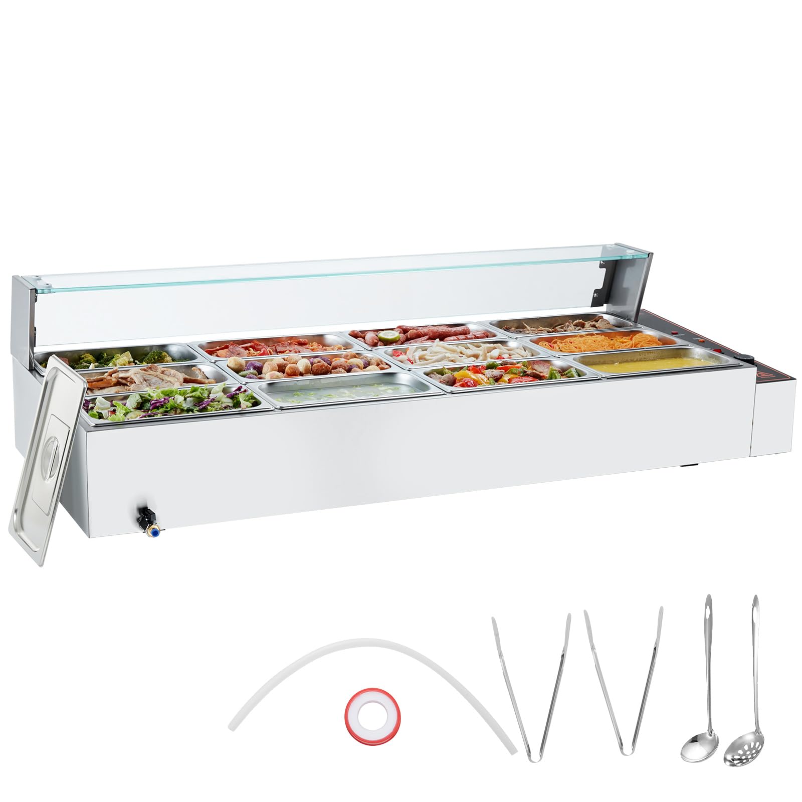 VEVOR12-Pan Commercial Food Warmer, 12 x 8QT Electric Steam Table with Glass Cover, 1700W Countertop Stainless Steel Buffet Bain Marie 86-185°F Temp Control for Catering, Restaurants, Silver