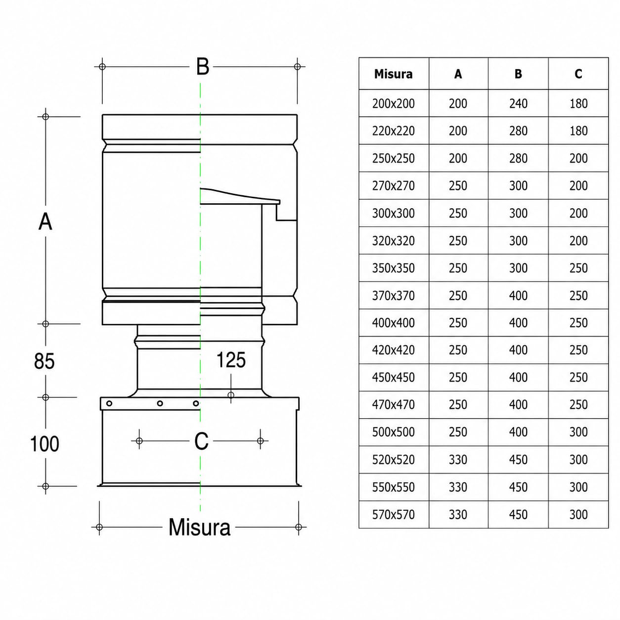 MAKA Comignolo a Botte Quadro, Terminale per Canna Fumaria Camino Stufa a Legna Pellet e Gas, Cappello Antipioggia Aspirafumo Base Quadra (370x370 mm - Zincato)