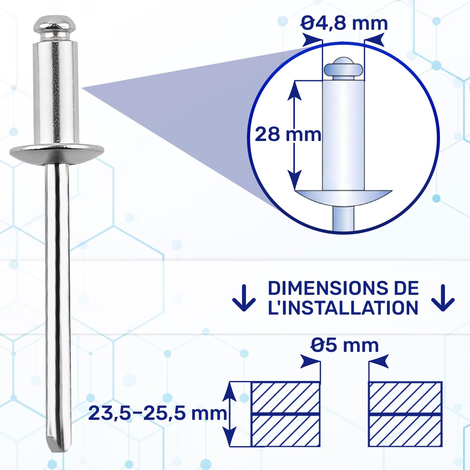 Lot de 250 Pièces Rivet Pop Ø 4,8x28 mm - Trou pour Montage des Rivets Pop Ø 5 mm Plage de Serrage 23,5-25,5 mm - les Rivets sont Fabriqués en Aluminium et en Acier - MONTERAL