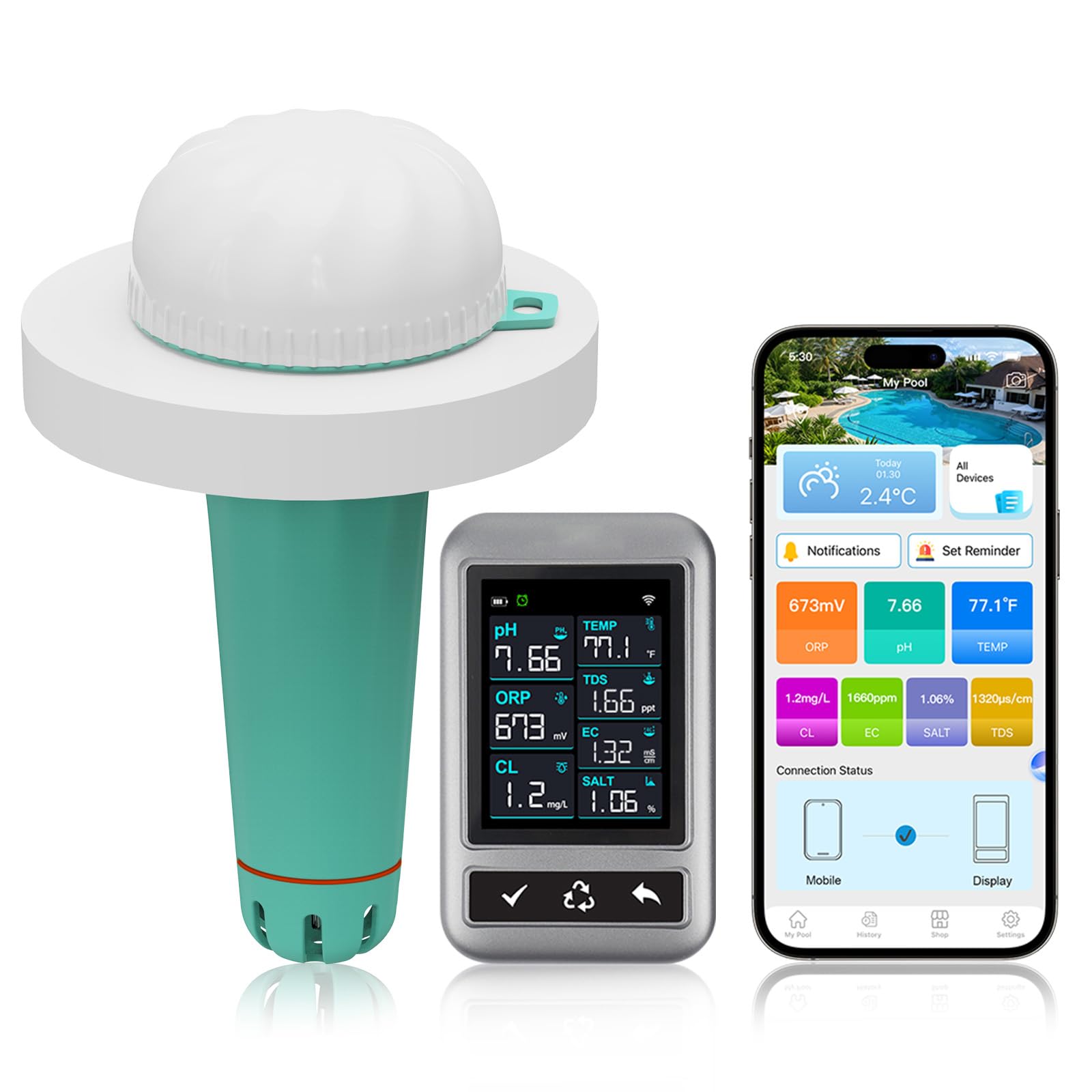 Upgrade Smart Pooltester Wiederaufladbar, 7-in-1 WLAN Wassertester mit App, Misst Chlor, pH, Salz, ORP, EC, TDS & Temperatur, Automatische Warnungen für Pool & Spa