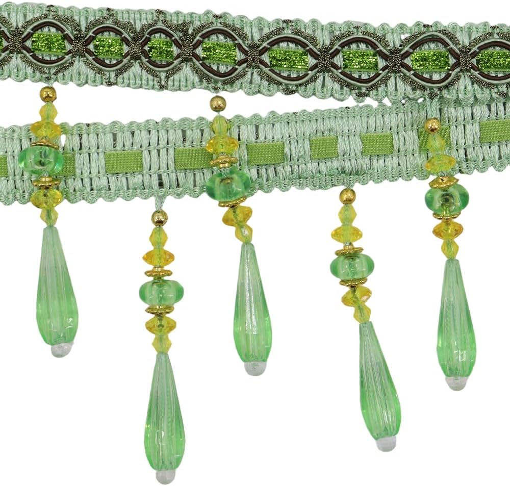 3Yard Teardrop Beaded Fringe Trim Decorative Crystal Tassel Border for Curtains, Tablecloths, Lampshades, Multi-Color Home Decor Edging (Green)