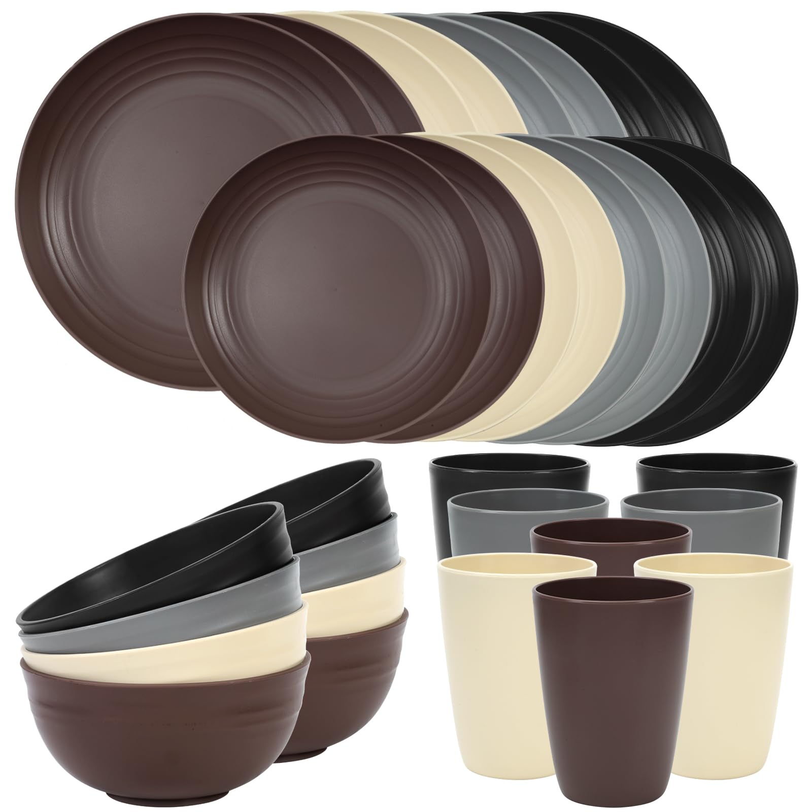 Quatish 32 Piece Plastic Plates and Bowls Sets for 8, Unbreakable Plastic Dinnerware Sets, Dish Set for Camping, Dishwasher Microwave Safe, Outdoor Kitchen and Apartment Dinning Essentials, Brown
