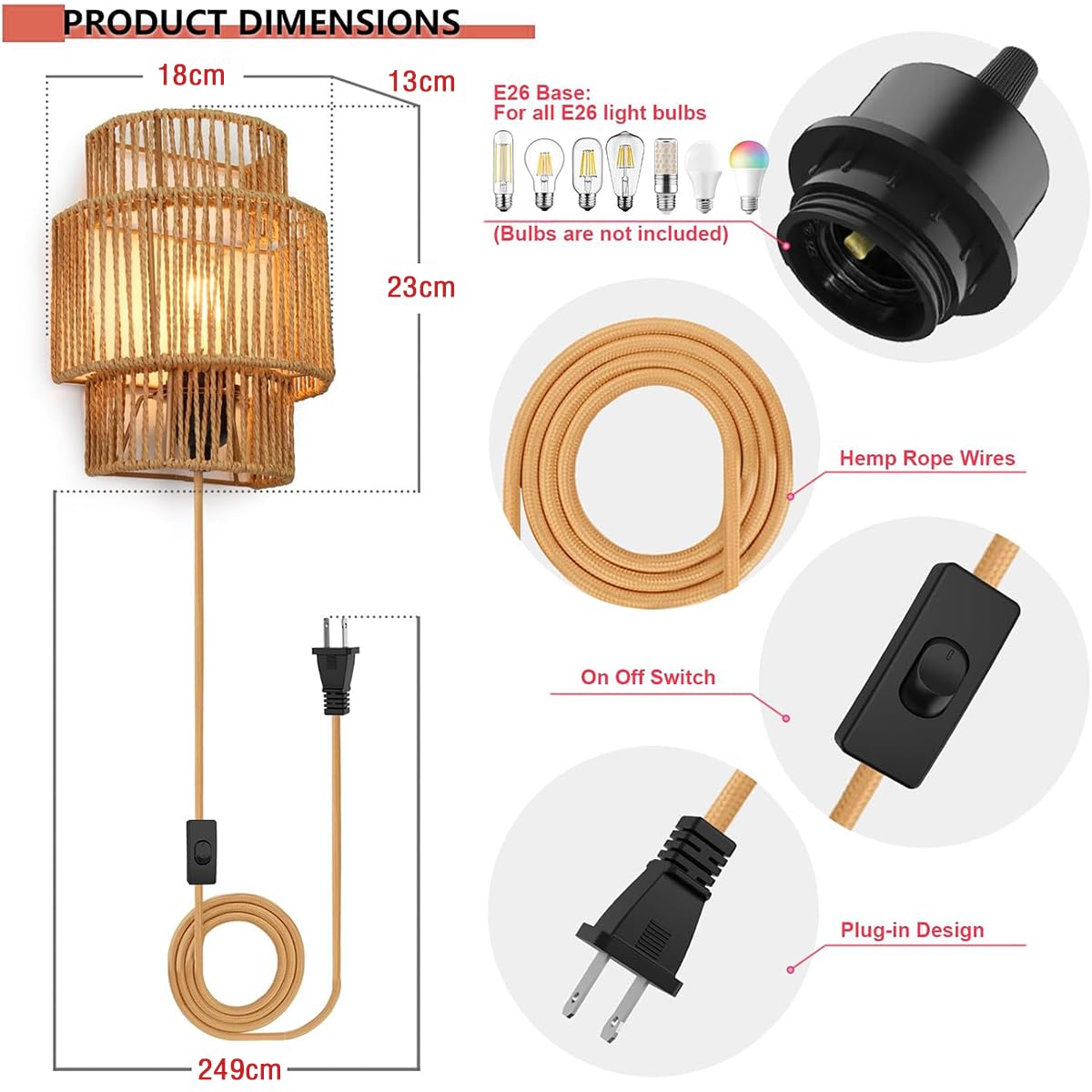 KZT Smarte RGB Wandleuchte Dimmbare mit 16 Millionen Farben Boho Rattan Wandlampe, Kompatibel mit Alexa & Google Assistant, Musik Sync, Wandbeleuchtung mit Fernbedienung, für Schlafzimmer (2 Stück)