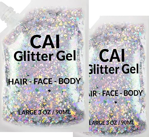 Face, Body & Hair Glitter Gel – Halloween Glitter for Kids and Women – 3 Oz Cosmetic-Grade Gel w/Moon & Stars for Festivals & Halloween Party, Easy Apply & Wash Off - Silver 2Pack