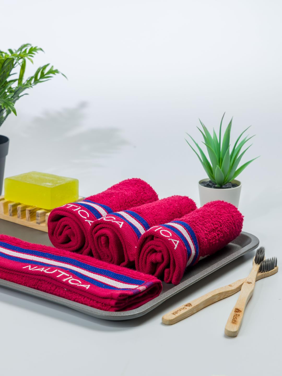 NAUTICA Super Soft Zero Twist 100% Cotton Towel -4pc Face Towel (Vintage Crew Stripe) solid-burgundy-500 GSM-image-23