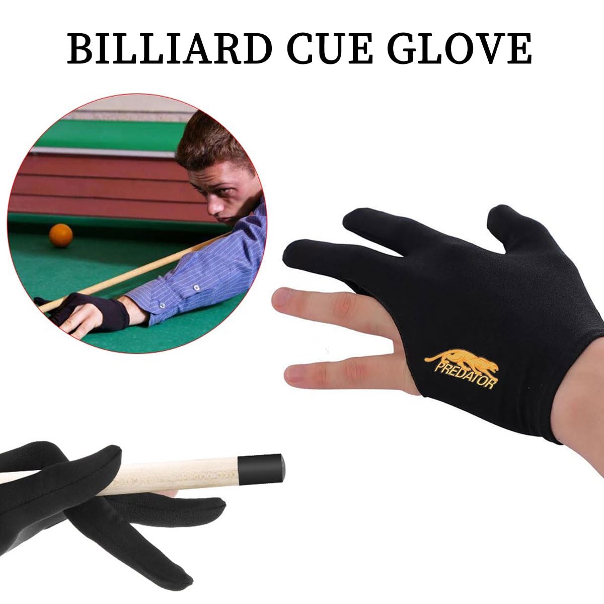 Guanti da biliardo a tre dita estensibili Nero Rete traspirante nylon 8 Pcs