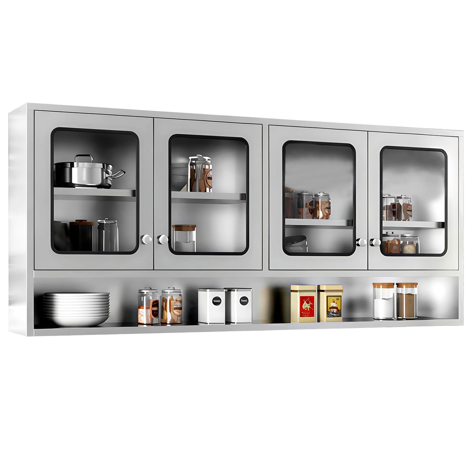 Photo 1 of 59" Kitchen Wall Cabinet Stainless Steel Wall Mounted Cabinet with Adjustable Shelves, Industrial Wall Storage Cabinet for Garage Warehouse Commercial, 8.66D x 59W x 27.56H in, No Assembly Required