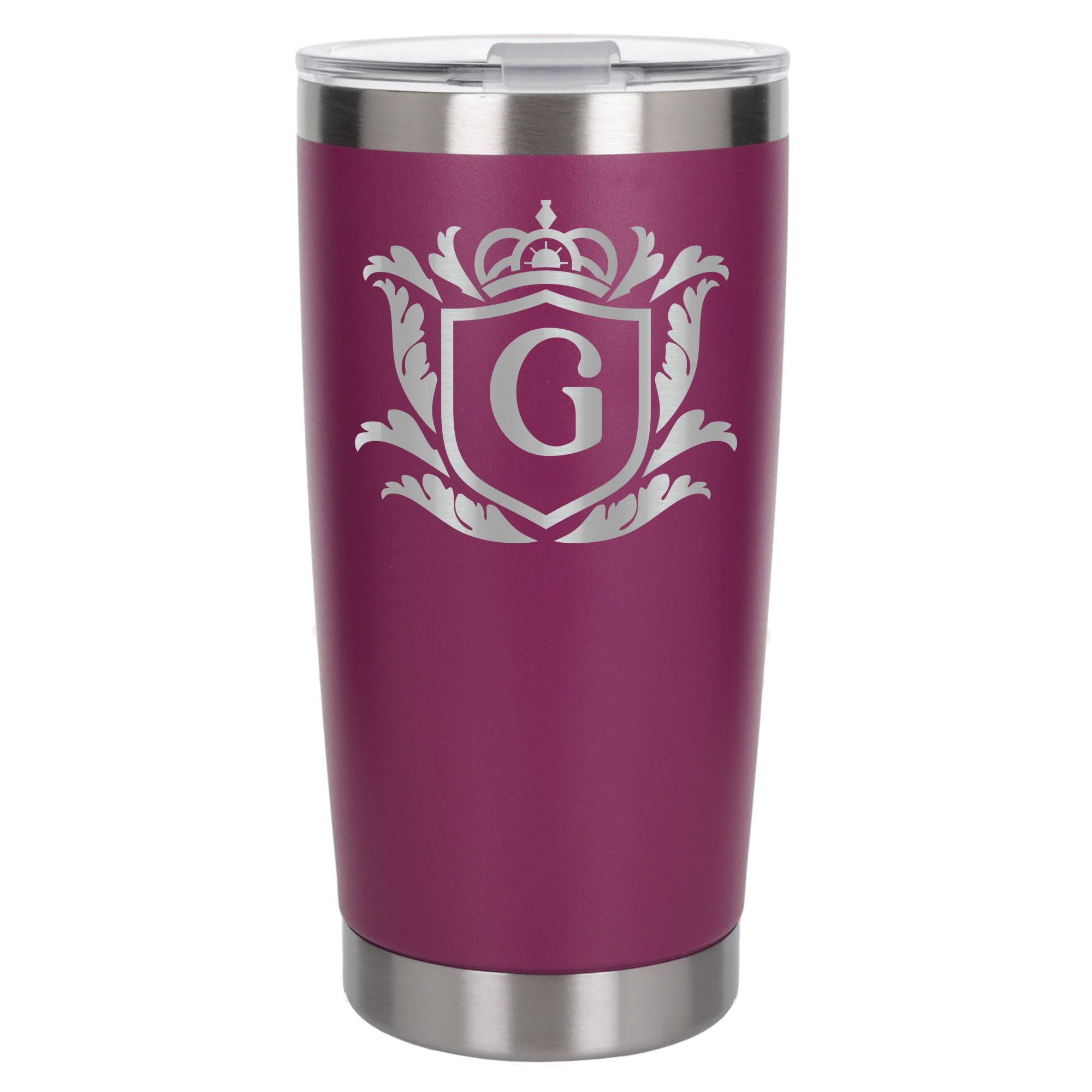 Customised Gifts 500ml Engraved Shield Initial Monogram Insulated Personalised Dark Pink Travel Mug for Men and Women - Personalised Initial Coffee Travel Mug for Hot and Cold Beverages, Letter G