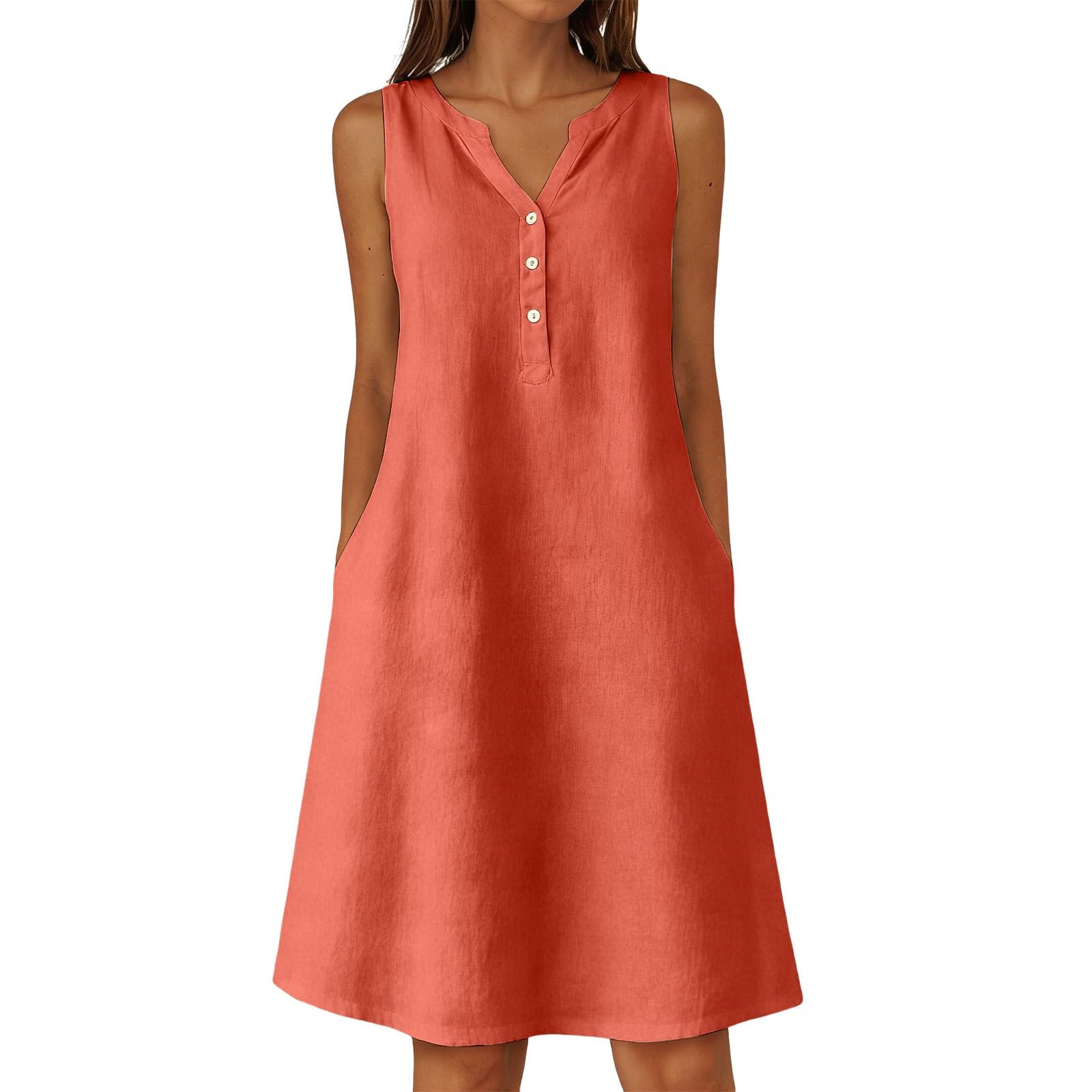 Mini abito da donna in lino e cotone, senza maniche, con scollo a V, per il tempo libero, con tasche laterali e bottoni decorativi, abito estivo per vacanze, spiaggia, lounge