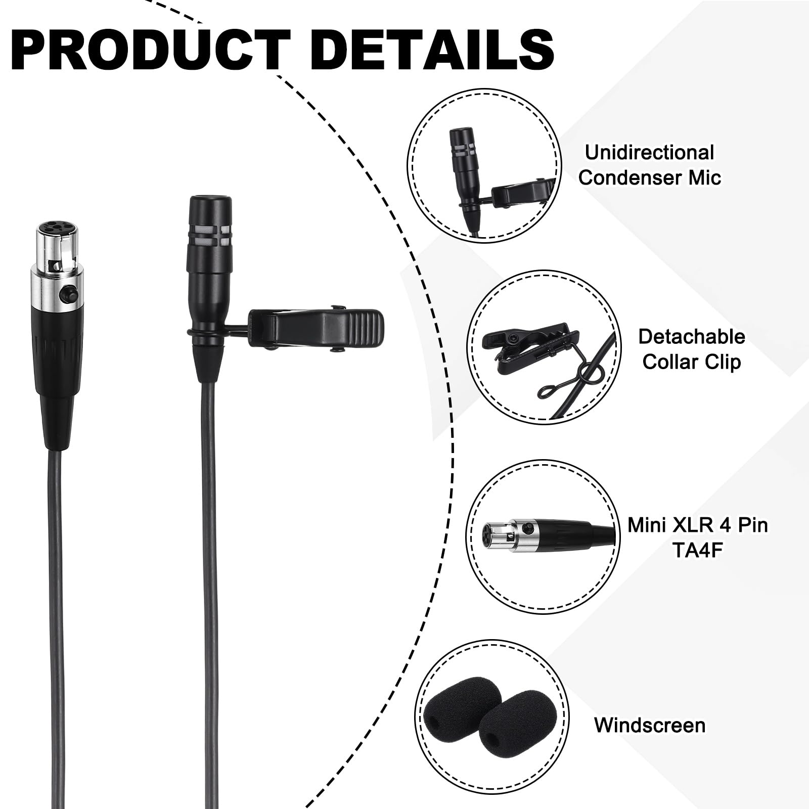 QUARKZMAN Microfono Lavalier Da Lapel Mini XLR 4 Pin TA4F Plug Microfono A Condensatore Da Collare 1m Cavo Microfono Lavalier Mini Direzionale Per Presentatori Musicisti Attori