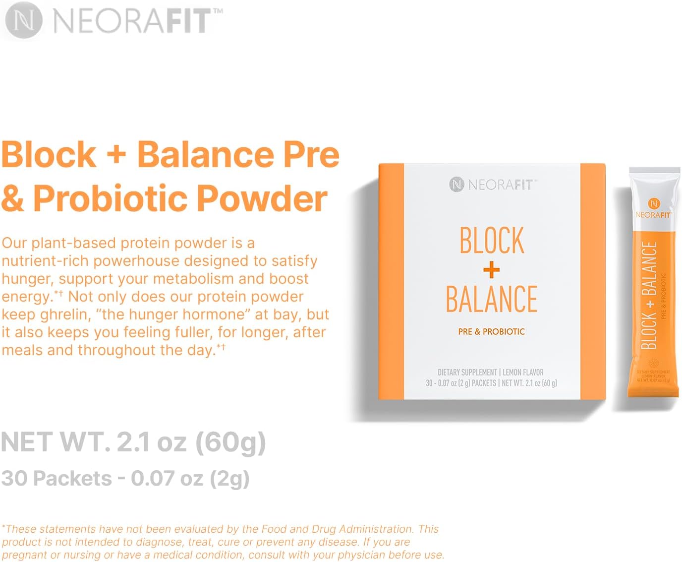 NeoraFit - Block+Balance Pre and Probiotic Powder - Daily Use, Craving Support, Vitamin C & B Blend, Convenient Stick Packs - 30 Count
