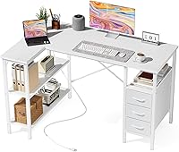 DUMOS 47 Inch White L-Shaped Corner Desk with Drawers, Power Outlet & Adjustable Shelves - Gaming Home Office Computer Table