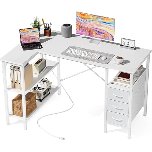 DUMOS L Shaped Desk with Shelf Drawers 47 Inch, White Corner Computer Desks Gaming with Power Outlet, Study Table with Adjustable Shelves, Home Office Tables for Bedroom Teacher Reading Writing