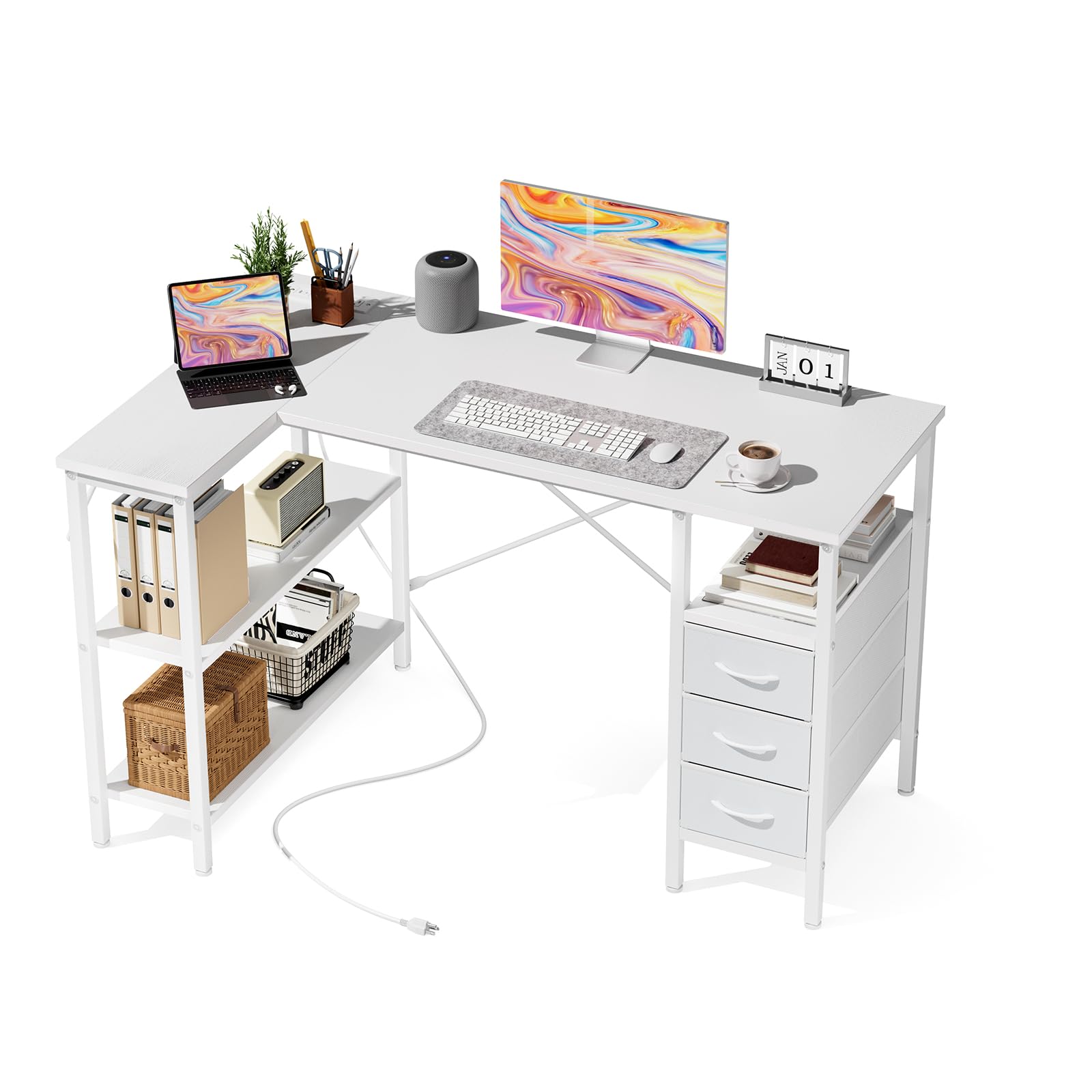DUMOS L Shaped Desk with Shelf Drawers 47 Inch, White Corner Computer Desks Gaming with Power Outlet, Study Table with Adjustable Shelves, Home Office