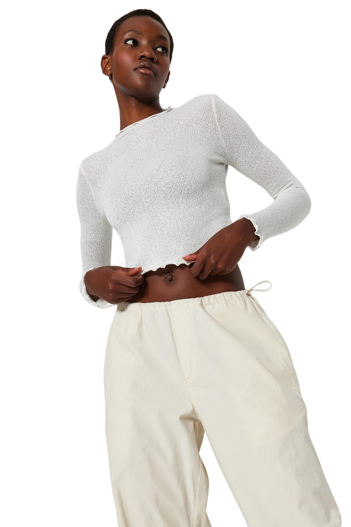 TRENDYOL Women's Straight Long Sleeve Regular The Blouse, Ecru, XL
