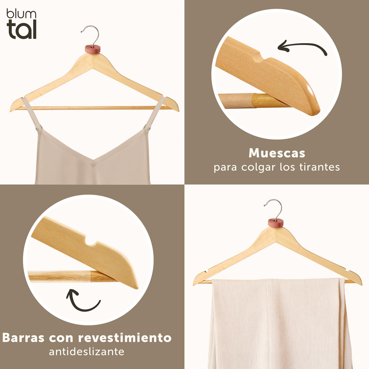 Blumtal Perchas de Madera 50 Unidades – Gancho Giratorio 360°, Barra para Pantalones y Ranuras Antideslizantes – Madera Maciza – Natural