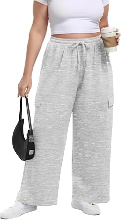 OLRIK Womens Plus Size Wide Leg Cargo Sweatpants High Waisted Drawstring Lounge Pants with Pockets Baggy Strechy Joggers