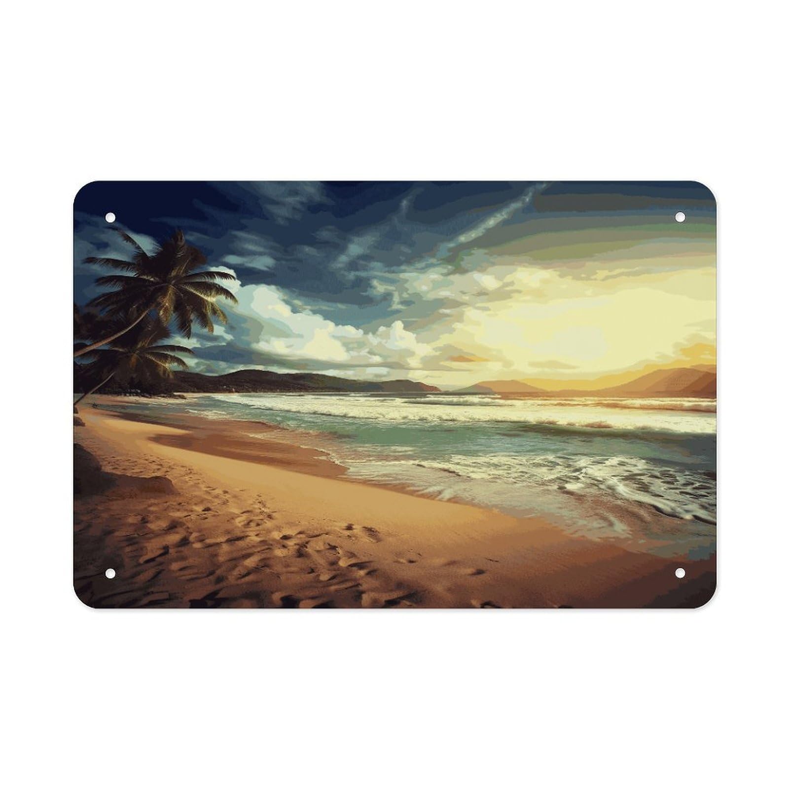 LDGSUPH Sunset on The Beach Metal Tin Sign Wall Art Prints Folded Edge Iron Sheet Painting with Holes for Wall Prints Decorative Picture Metal Signboard Decor Painting Wall Decor