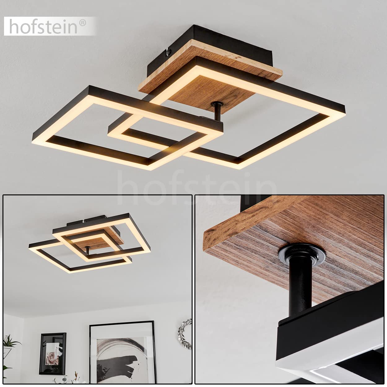 Plafonnier LED Walschbronn, plafonnier en métal/MDF/plastique noir/imitation bois/marron/blanc, abat-jour orientable, 1200 lumens, 3000 K, 1 x LED 18 watts
