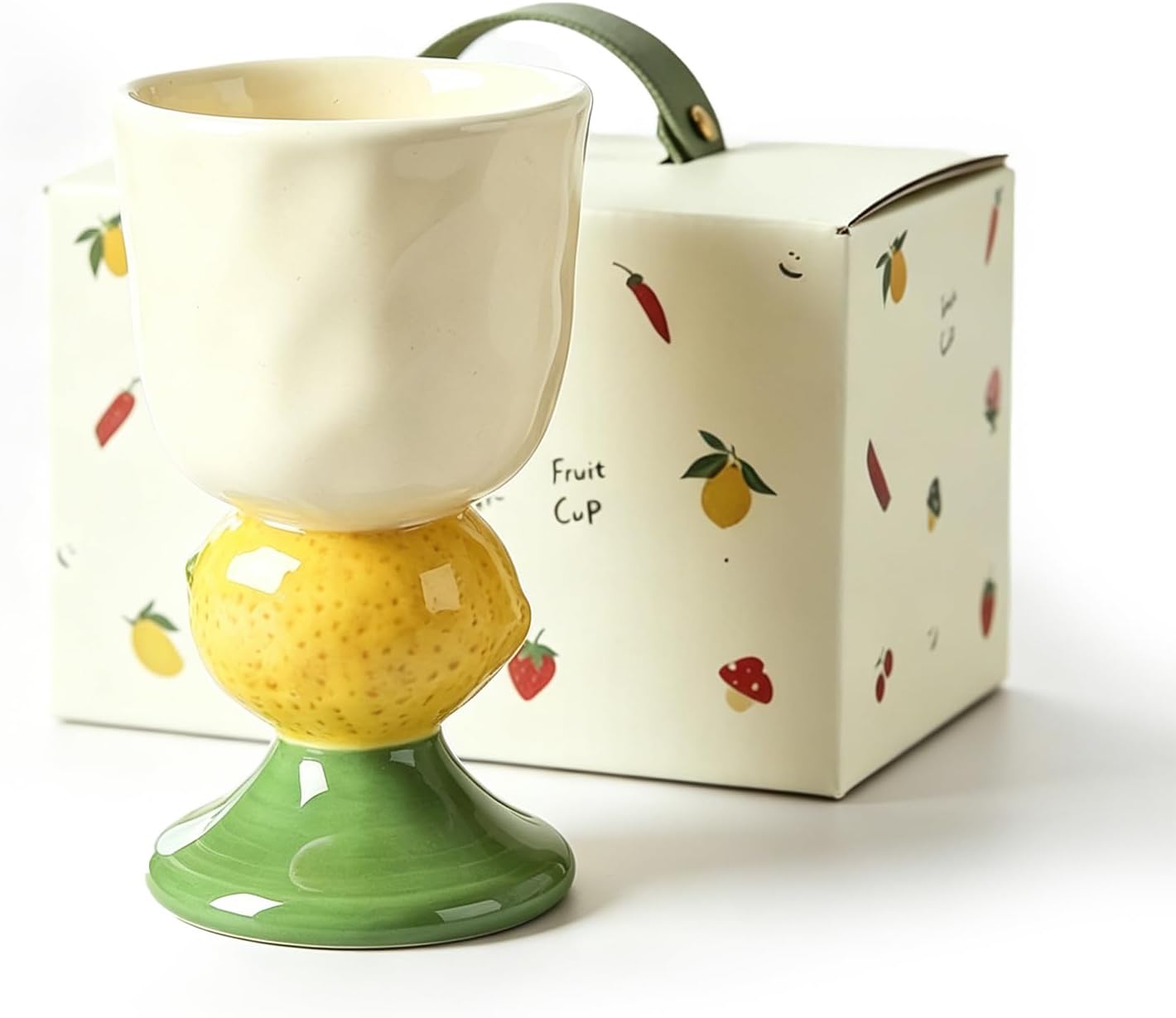 Handmade Lemon Ceramic Goblet Cup, 10oz Reusable Glazed Drinking Cup for Coffee Tea Dessert, Decorative Tableware with Gift Box for Housewarming Birthday (Lemon Yellow)