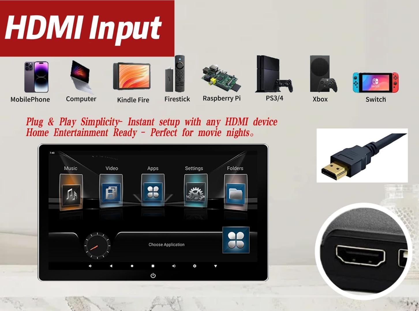 10,1 pouces 4K Android 13 Moniteur de appuie-tête pour voiture avec TV, support pour liaison miroir sans fil de téléphone, écran tactile, entrée HDMI, tablette USB/carte SD lecteur