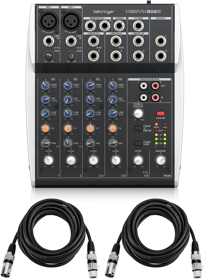 Behringer XENYX 802S Premium Analog 8-Channel Mixer with USB Streaming Interface Bundle With 2x H&A XLR M to F Microphone Cable - 15'
