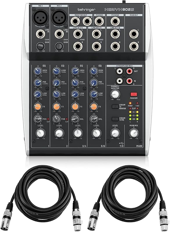 Behringer XENYX 802S Premium Analog 8-Channel Mixer with USB Streaming Interface Bundle With 2x H&A XLR M to F Microphone Cable - 15'