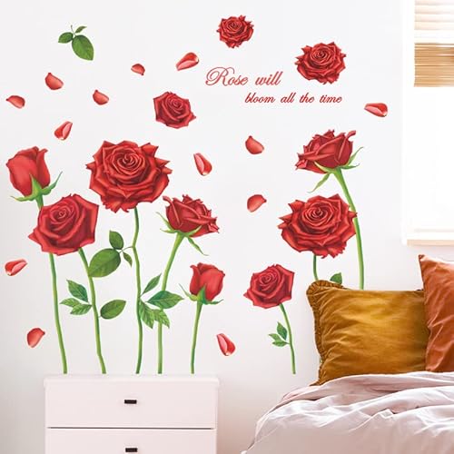 Pinenjoy Rose Wall Decal Red Flower Wall Stickers Romantic Floral Removable Vinyl Wall Murals For Living Room Girls Bedroom Tv Sofa Background Wall Art Decors #TOP6