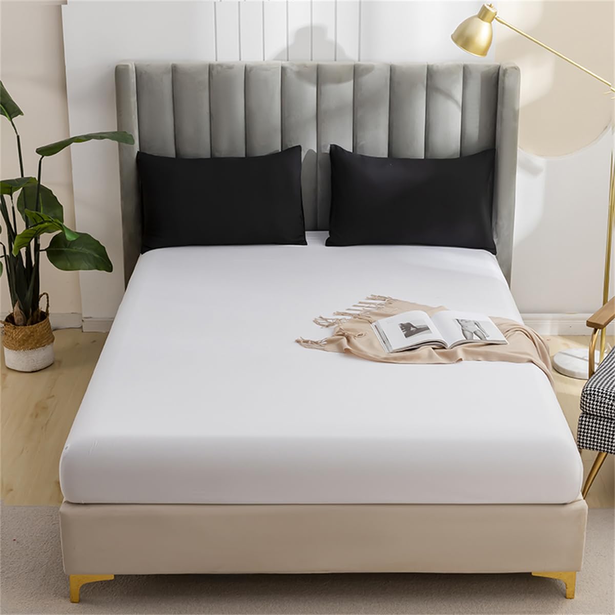 JUWENIN,Fitted Sheet Microfiber, Brushed Finish, Wrinkle, Fade, Stain Resistant, One Fitted Bed Sheet (Queen, White)