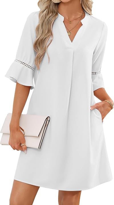 Famulily Women's Summer Dress V Neck Eyelet lace Ruffle Sleeve Casual Sundress Bussiness Dresses with Pockets