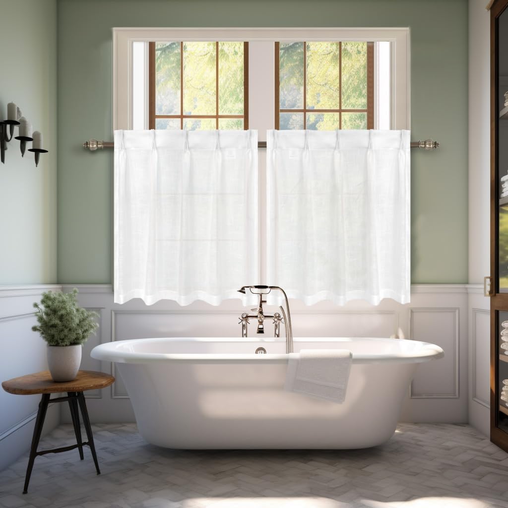 DriftAway Pinch Pleat Kitchen Curtains Linen Textured Short Linen Cafe Curtains for Small Window Bathroom Laundry Room 2 Panels Back Tabs Farmhouse Rustic 30 x 24 Inches Birch White