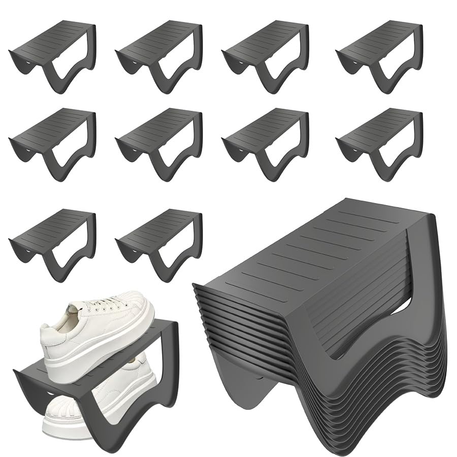 AufuN 10 Stück rutschfest Schuhstapler Schuhschlitze PP Anti-rutsch Schuhhalter Schuhregale Platzsparend Schuh Organizer Schuhaufbewahrung Doppelschicht Schuhorganizer Schrank 25x14 5x14cm Grau