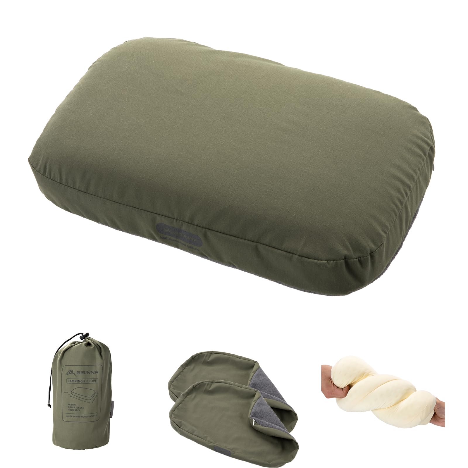 BISINNA Camping Memory Foam Pillow, Ultralight Travel Pillow, Neck Support, Soft Ergonomic Sleeping Pillow for Camping, Car, Office (Green)
